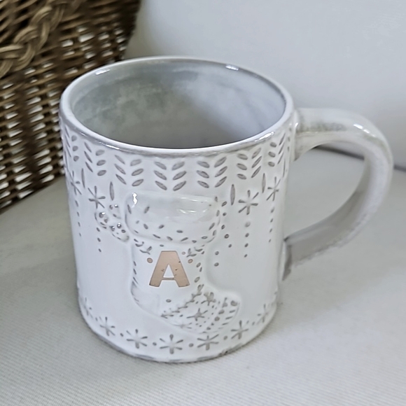 ANTHROPOLOGIE Monogram Christmas Stocking Mug White With Gold "A" 12 Oz NWOT - Picture 1 of 7
